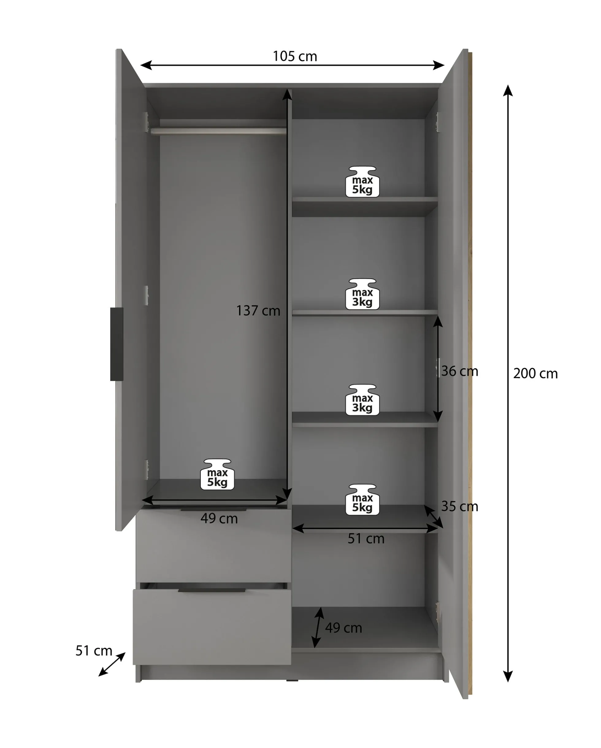 Nairobi - Kledingkast 2-deurs - Eiken/zwart - 105x51x200 cm