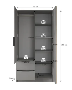 Nairobi - Kledingkast met spiegel - Eiken/zwart - 105x51x200 cm