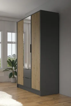 Nairobi - Kledingkast met spiegel - Antraciet/eiken - 155x51x200 cm