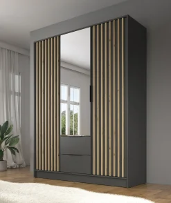 Nairobi - Kledingkast met spiegel - Antraciet/eiken - 155x51x200 cm