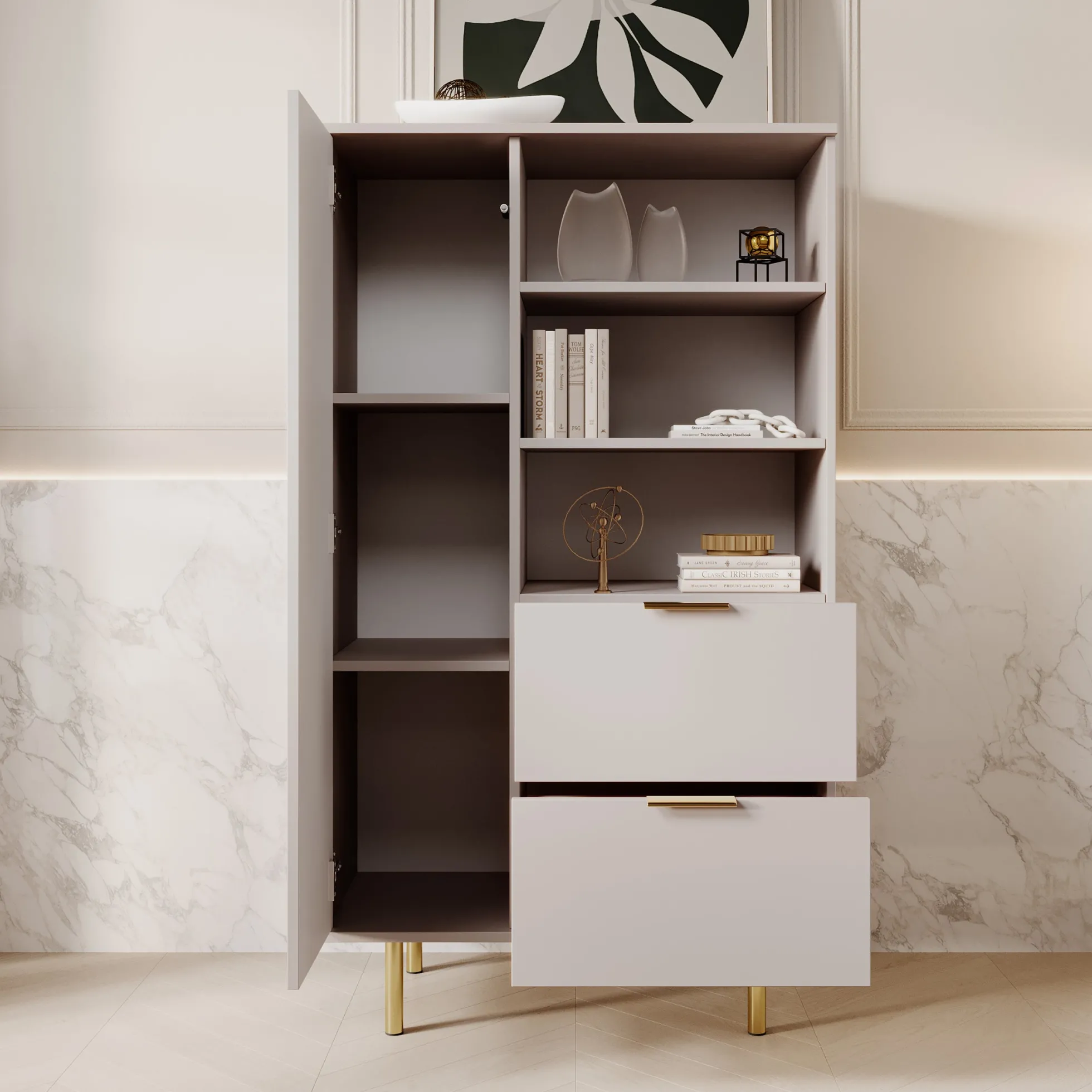 Nicola - Vitrinekast - Beige - 80x41x140 cm