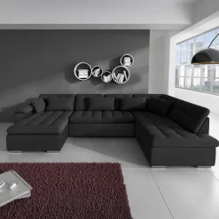 Nicoreta - Hoekbank 5-zits met chaise longue - Stof zwart - Links