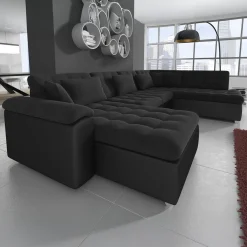 Nicoreta - Hoekbank 5-zits met chaise longue - Stof zwart - Links