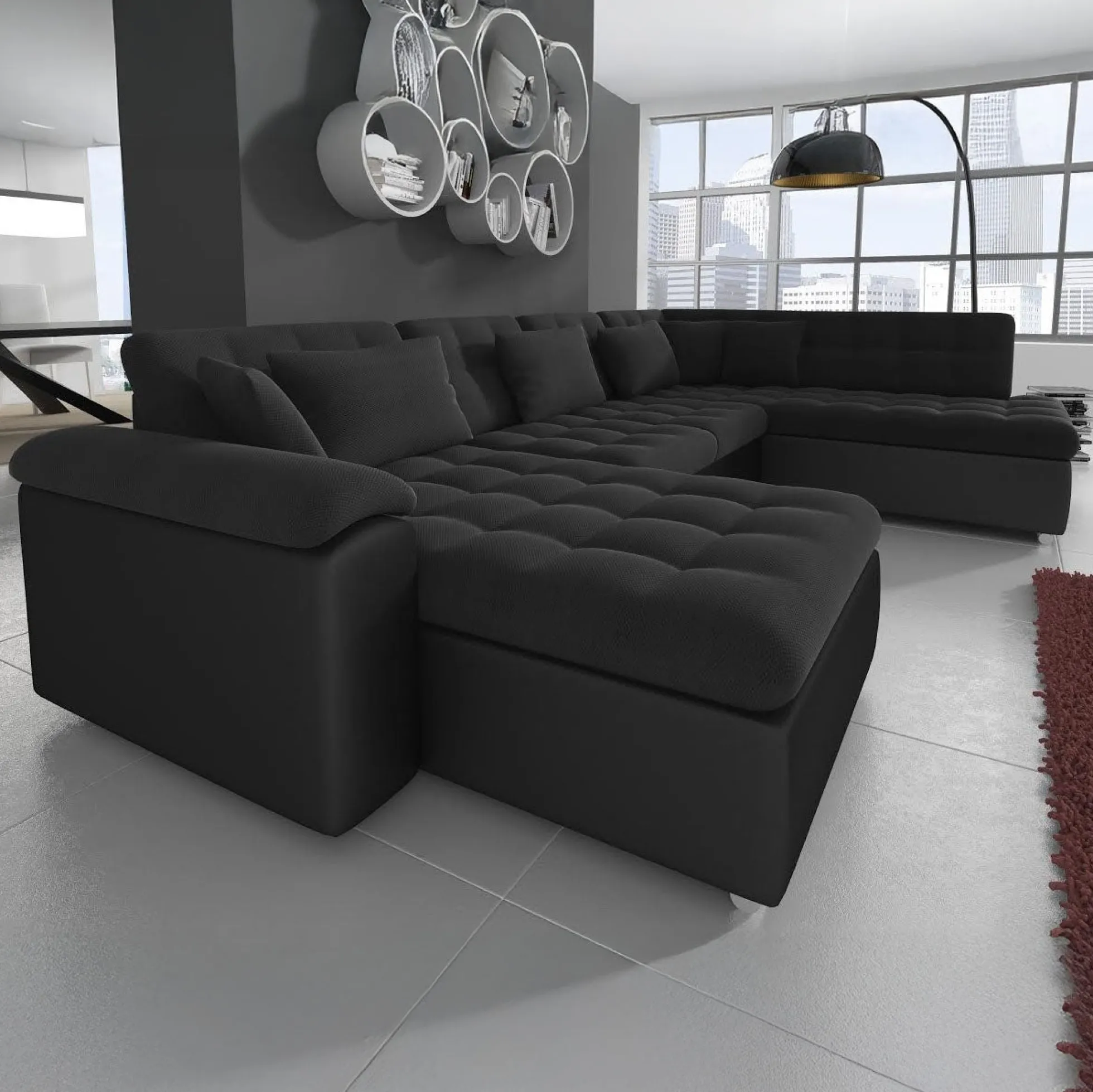 Nicoreta - Hoekbank 5-zits met chaise longue - Stof zwart - Links