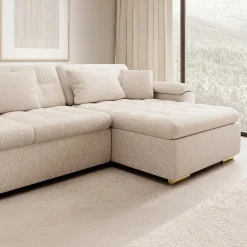 Nicoreta - Hoekbank 5-zits met chaise longue - Teddystof beige - Recht