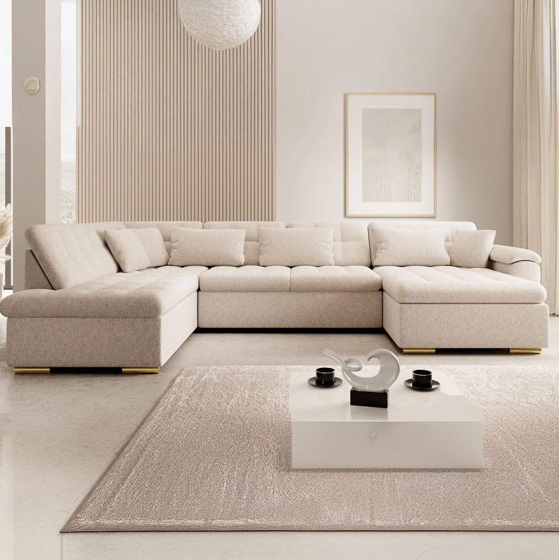 Nicoreta - Hoekbank 5-zits met chaise longue - Teddystof beige - Recht