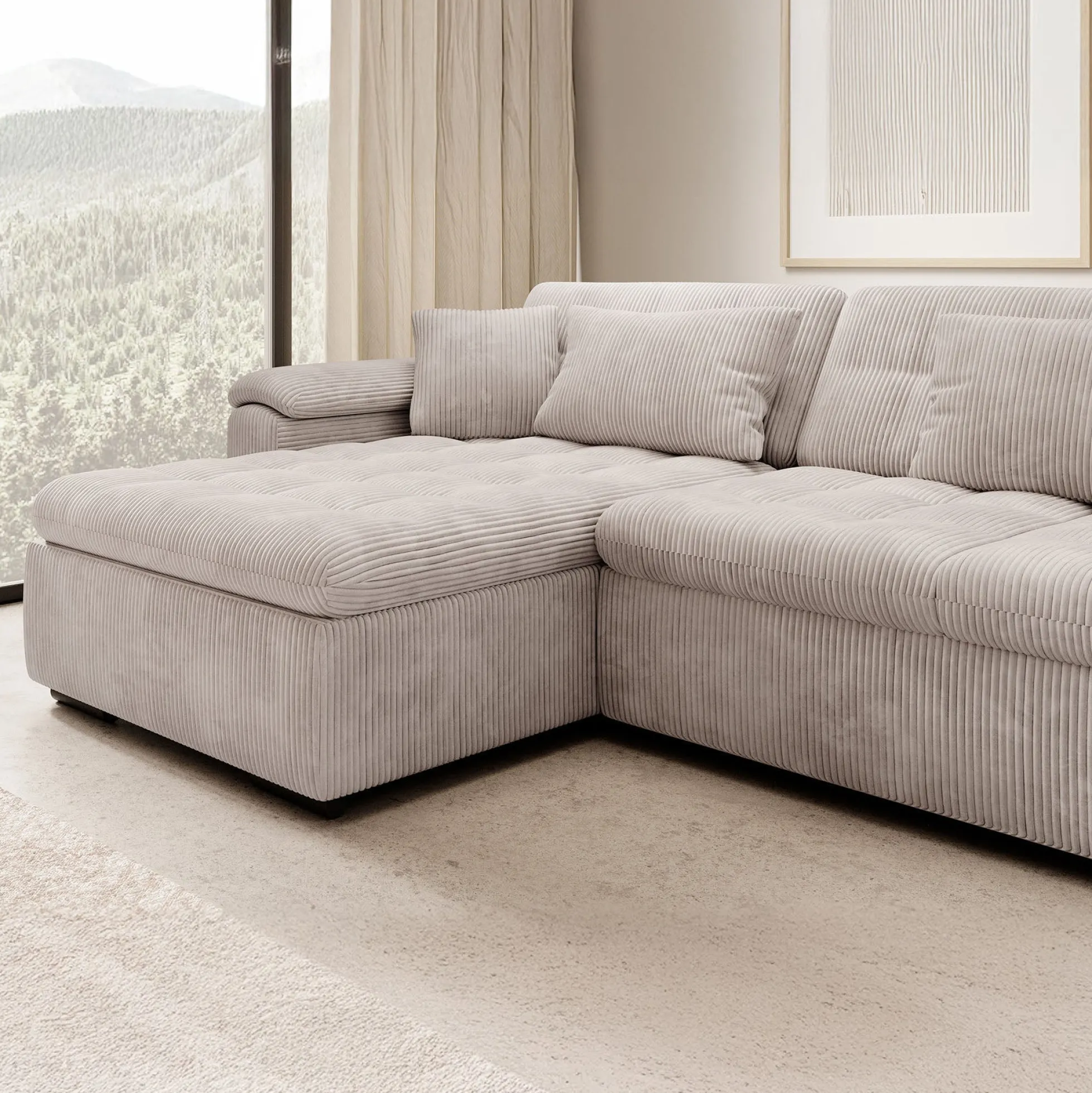 Nicoreta - Hoekbank 5-zits met chaise longue - Ribstof beige - Links