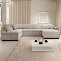 Nicoreta - Hoekbank 5-zits met chaise longue - Ribstof beige - Rechts