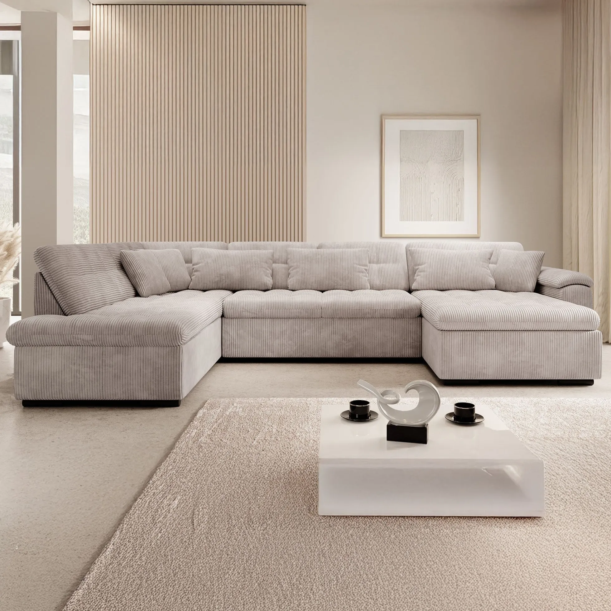 Nicoreta - Hoekbank 5-zits met chaise longue - Ribstof beige - Rechts