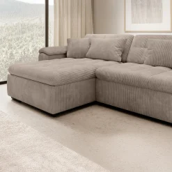 Nicoreta - Hoekbank 5-zits met chaise longue - Ribstof bruin - Links