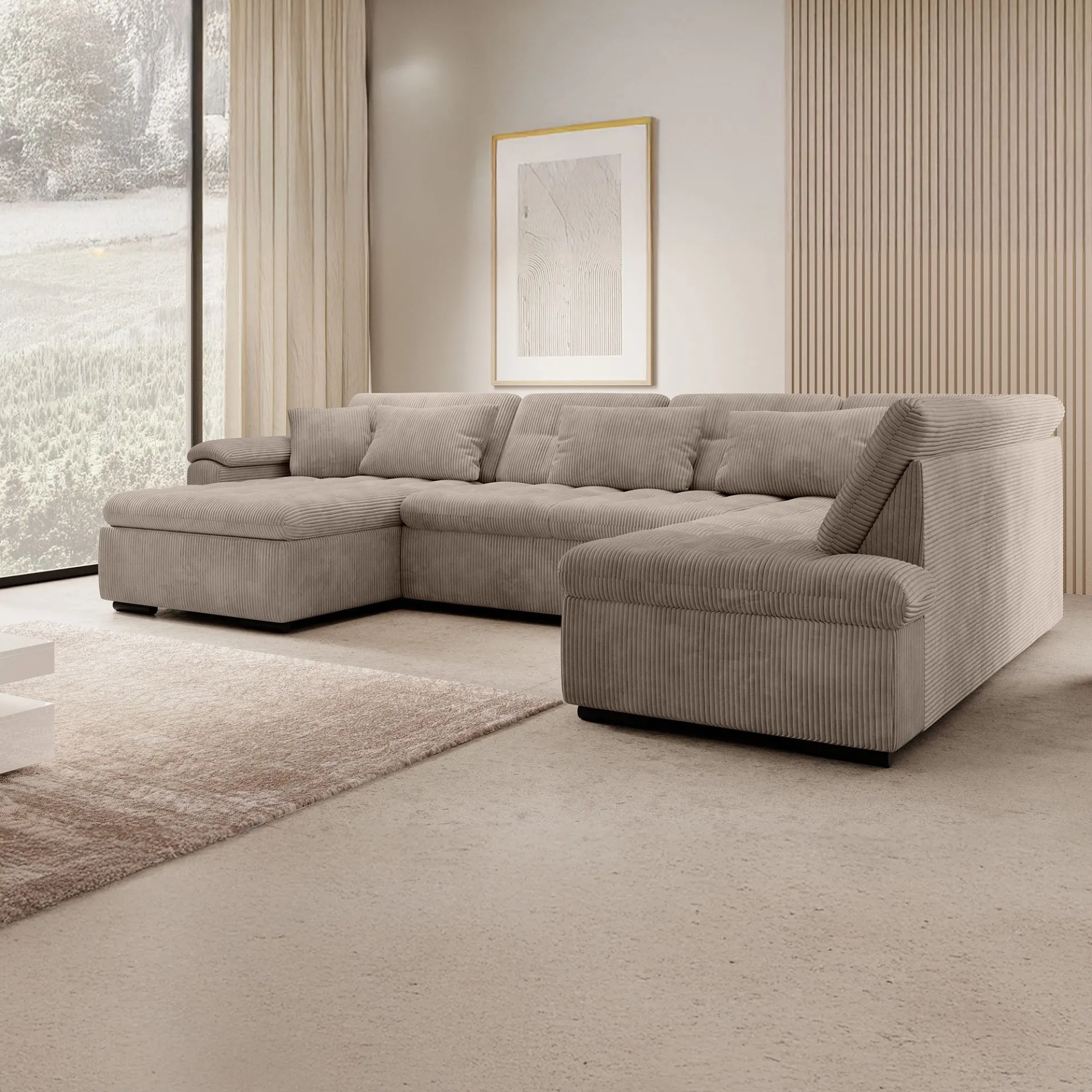 Nicoreta - Hoekbank 5-zits met chaise longue - Ribstof bruin - Links