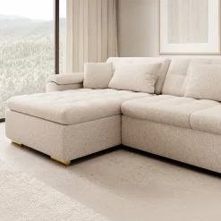 Nicoreta - Hoekbank 5-zits met chaise longue - Teddystof beige - Links