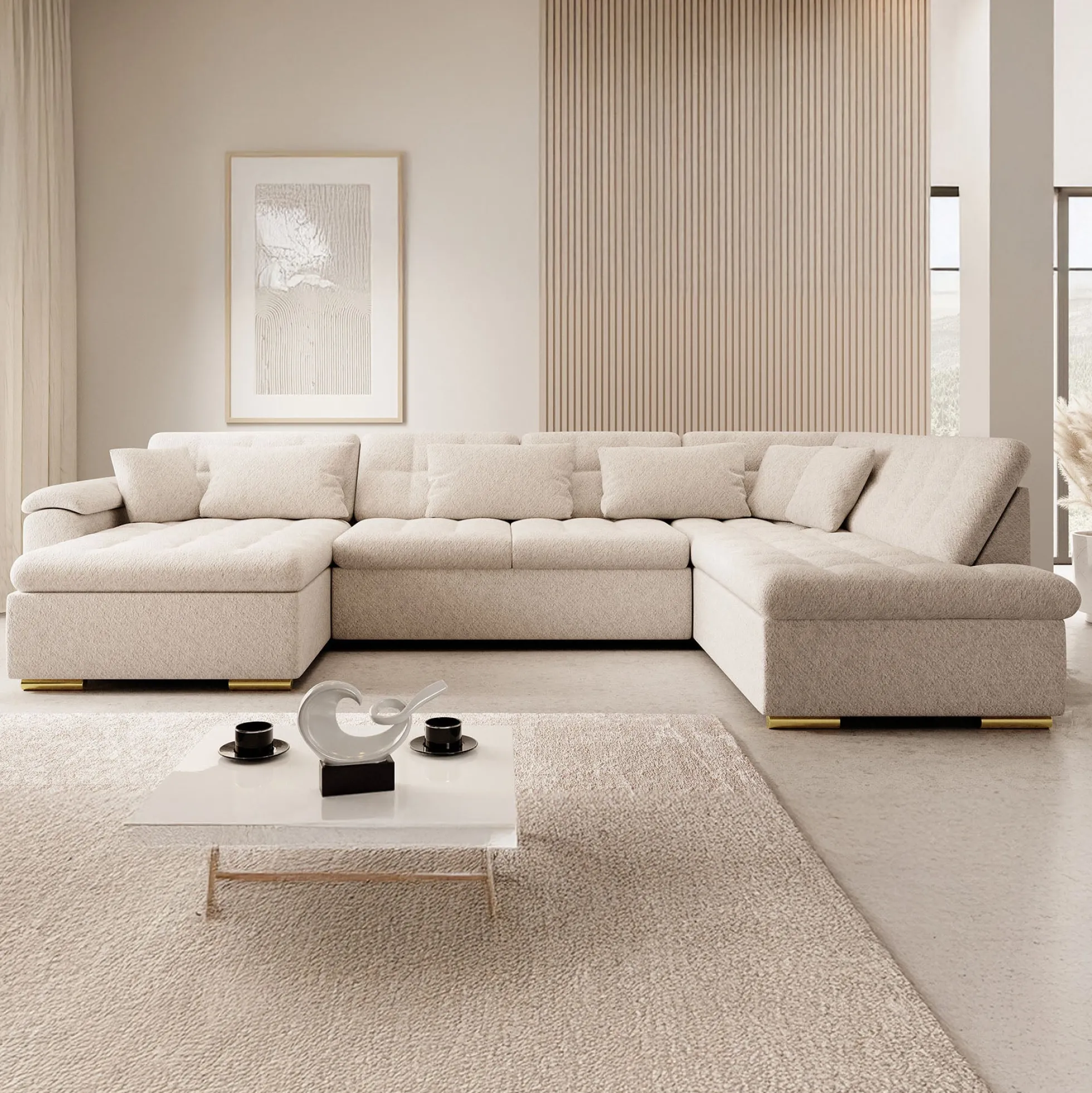Nicoreta - Hoekbank 5-zits met chaise longue - Teddystof beige - Links
