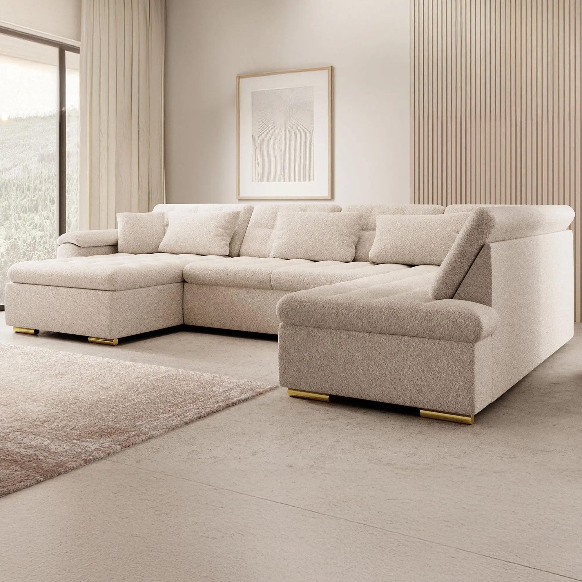 Nicoreta - Hoekbank 5-zits met chaise longue - Teddystof beige - Links