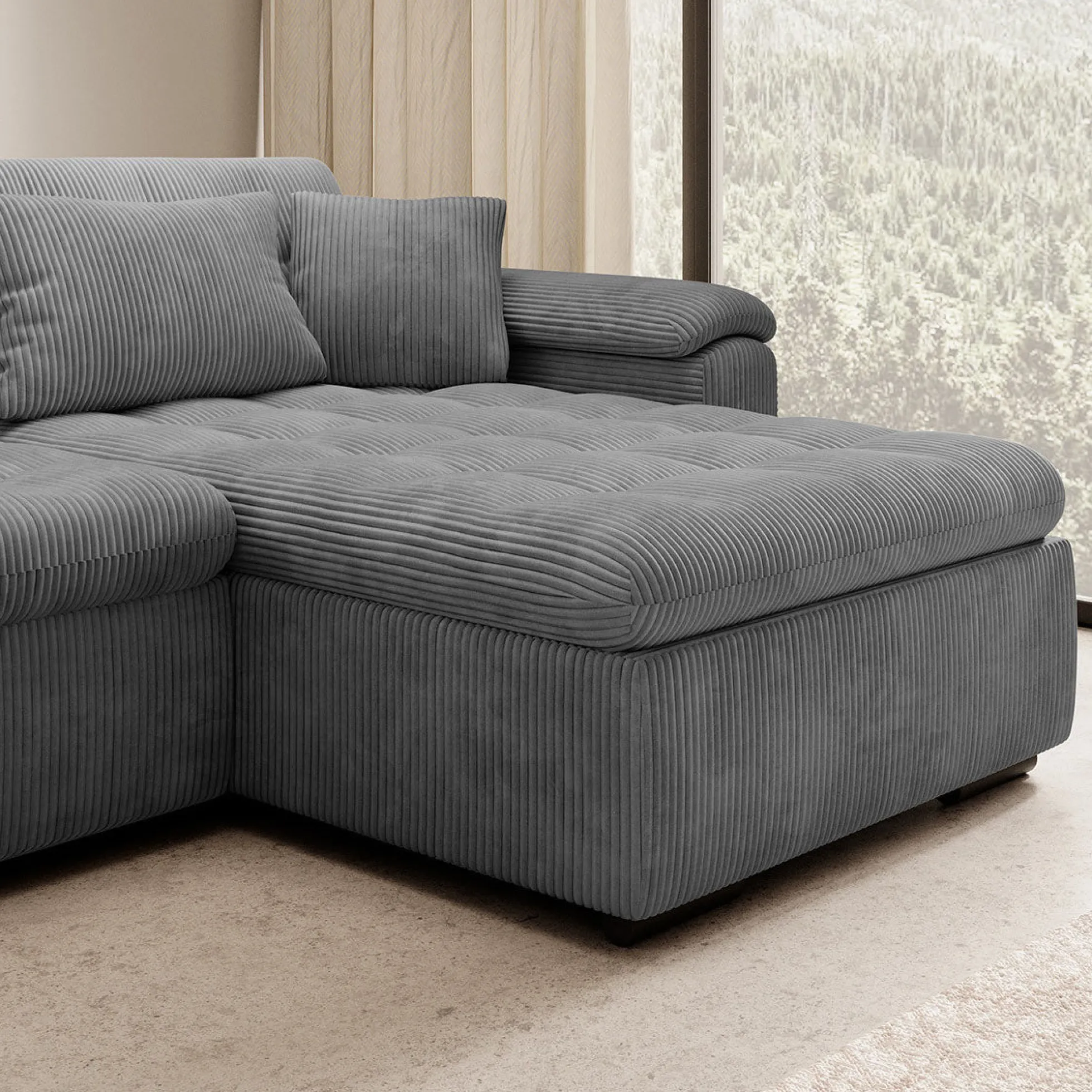 Nicoreta - Hoekbank 5-zits met chaise longue - Ribstof donkergrijs - R