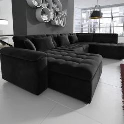 Nicoreta - Hoekbank 5-zits met chaise longue - Velvet zwart - Links
