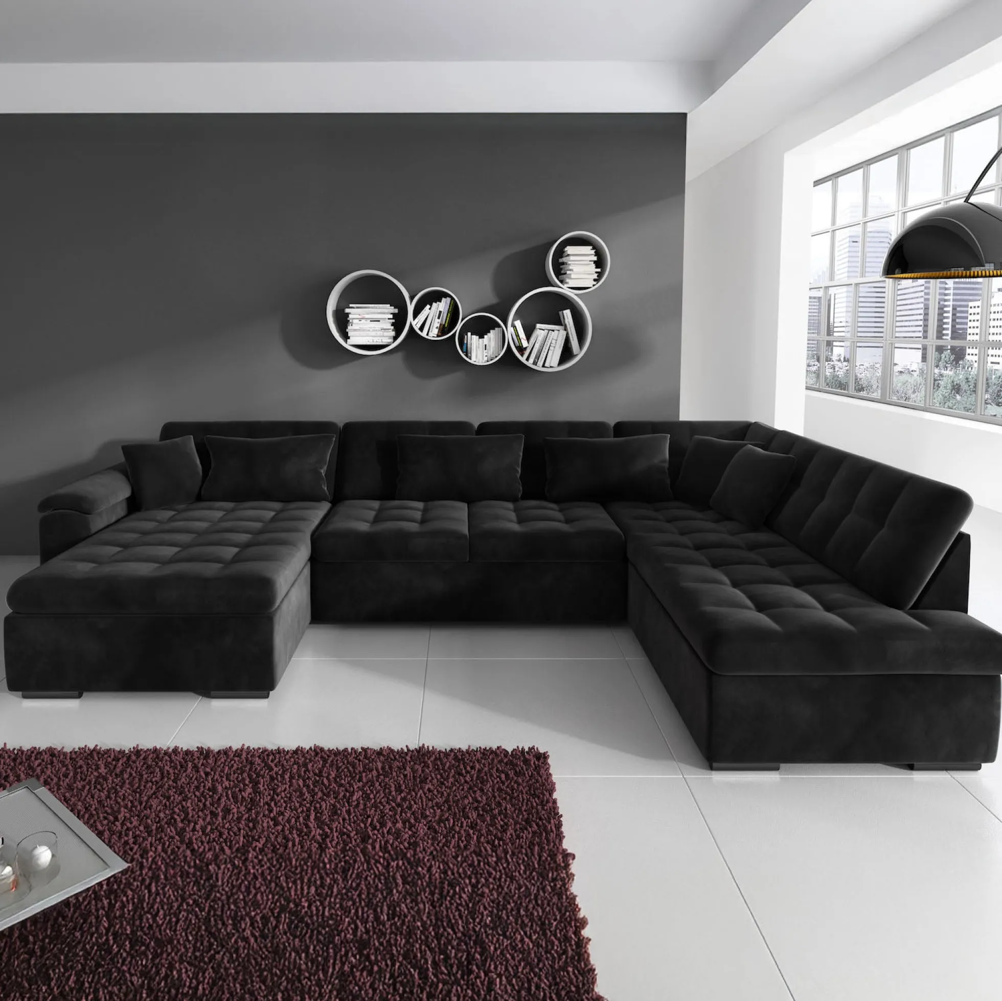 Nicoreta - Hoekbank 5-zits met chaise longue - Velvet zwart - Links