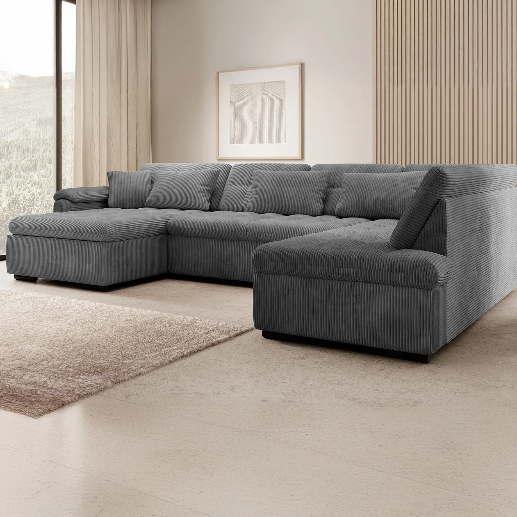 Nicoreta - Hoekbank 5-zits met chaise longue - Ribstof donkergrijs - L