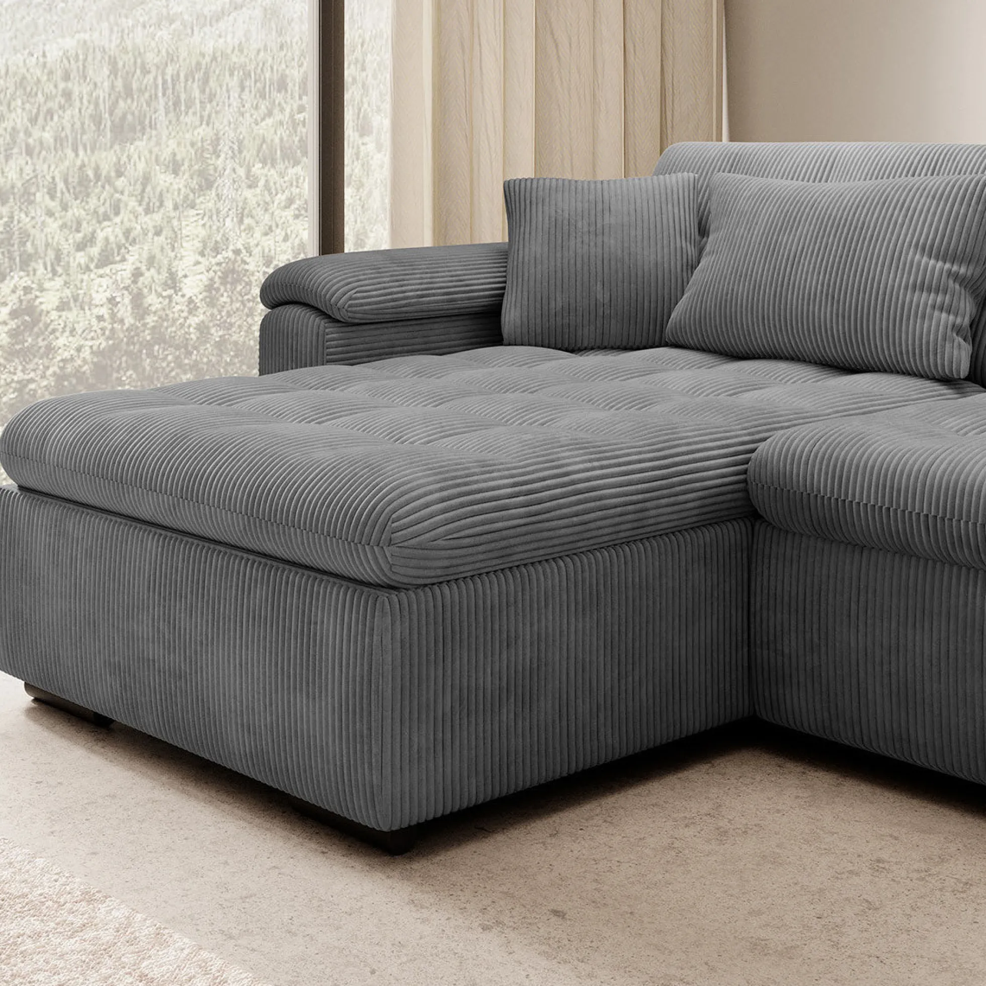 Nicoreta - Hoekbank 5-zits met chaise longue - Ribstof donkergrijs - L