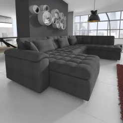 Nicoreta - Hoekbank 5-zits met chaise longue - Stof grijs - Links