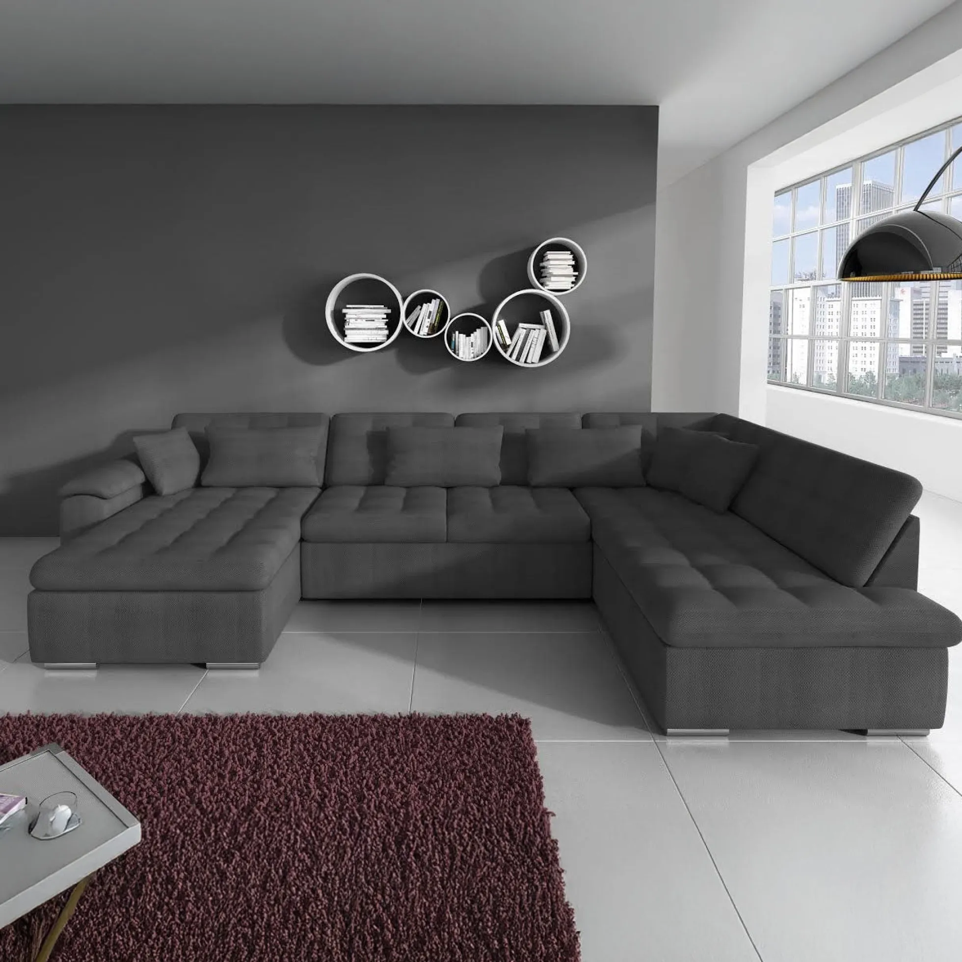 Nicoreta - Hoekbank 5-zits met chaise longue - Stof grijs - Links