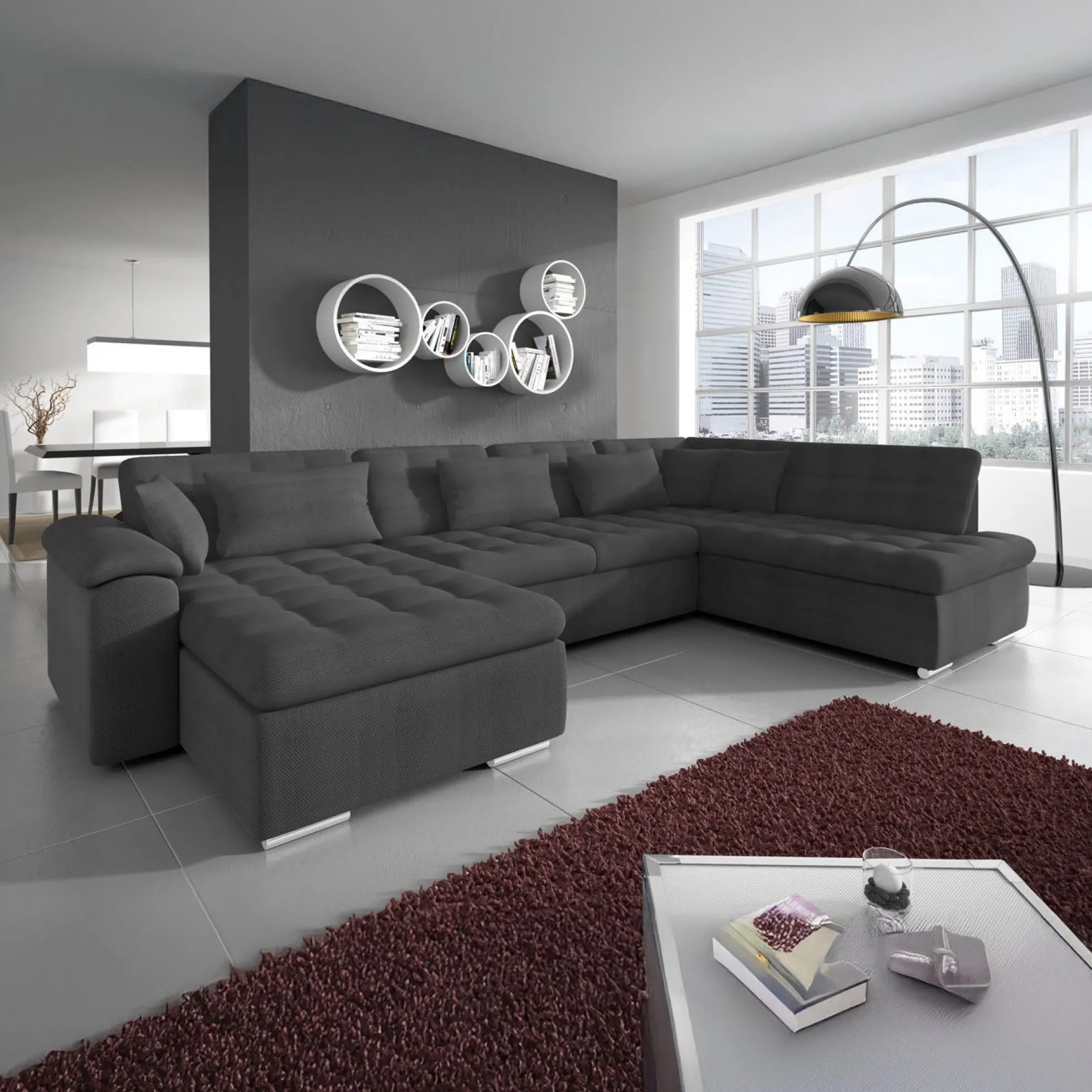 Nicoreta - Hoekbank 5-zits met chaise longue - Stof grijs - Links
