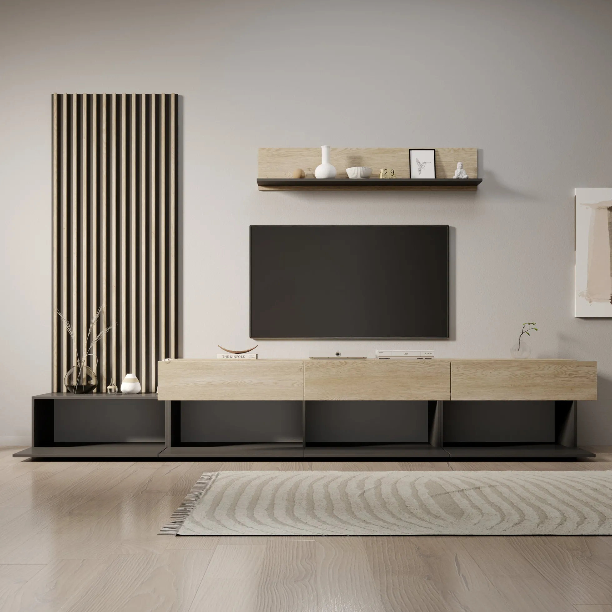 Nobu - Wandmeubel - Grijs/Eikenpatroon - 300x40x209 cm