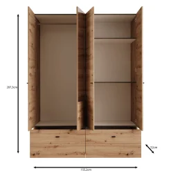 Nouran - Kledingkast 4-deurs met lades - Wit - 155x52x208 cm