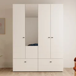 Nouran - Kledingkast 4-deurs met lades - Wit - 155x52x208 cm