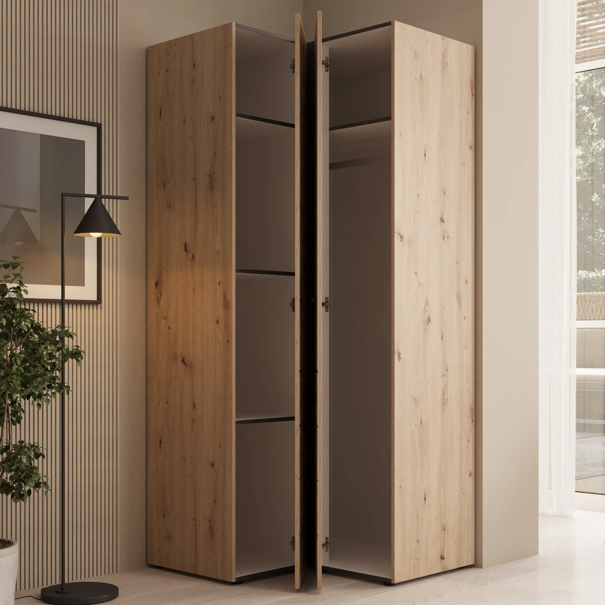 Nouran - Kledingkast hoek - Eikenpatroon - 95x90x208 cm
