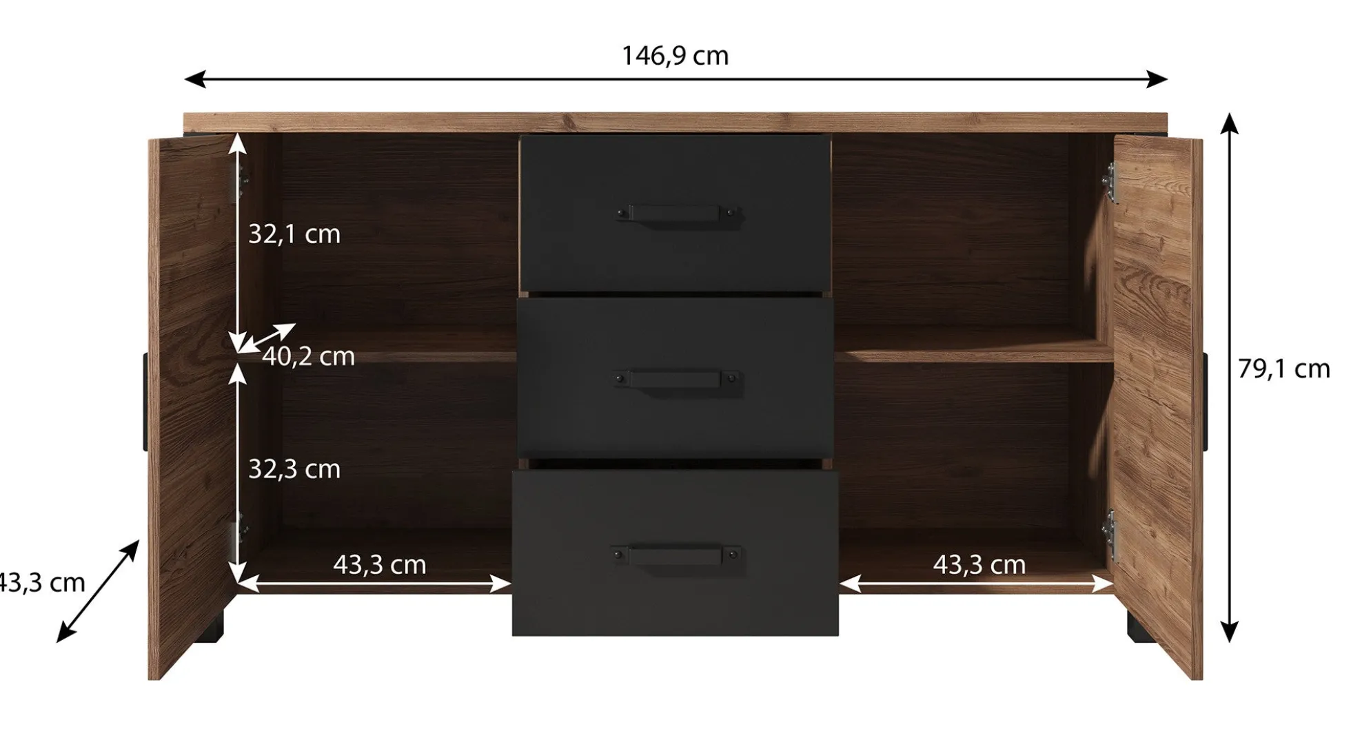 Olivia - Dressoir - Zwart/eiken - 147x43x79 cm