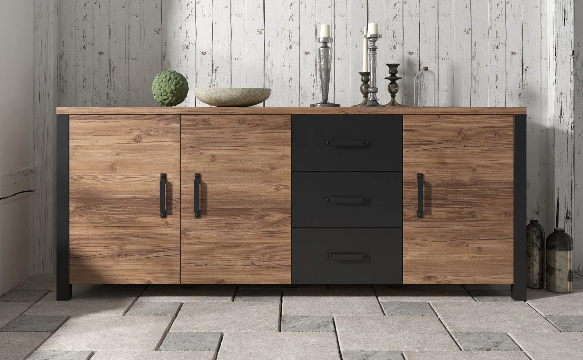 Olivia - Dressoir - Zwart/eiken - 192x43x79 cm