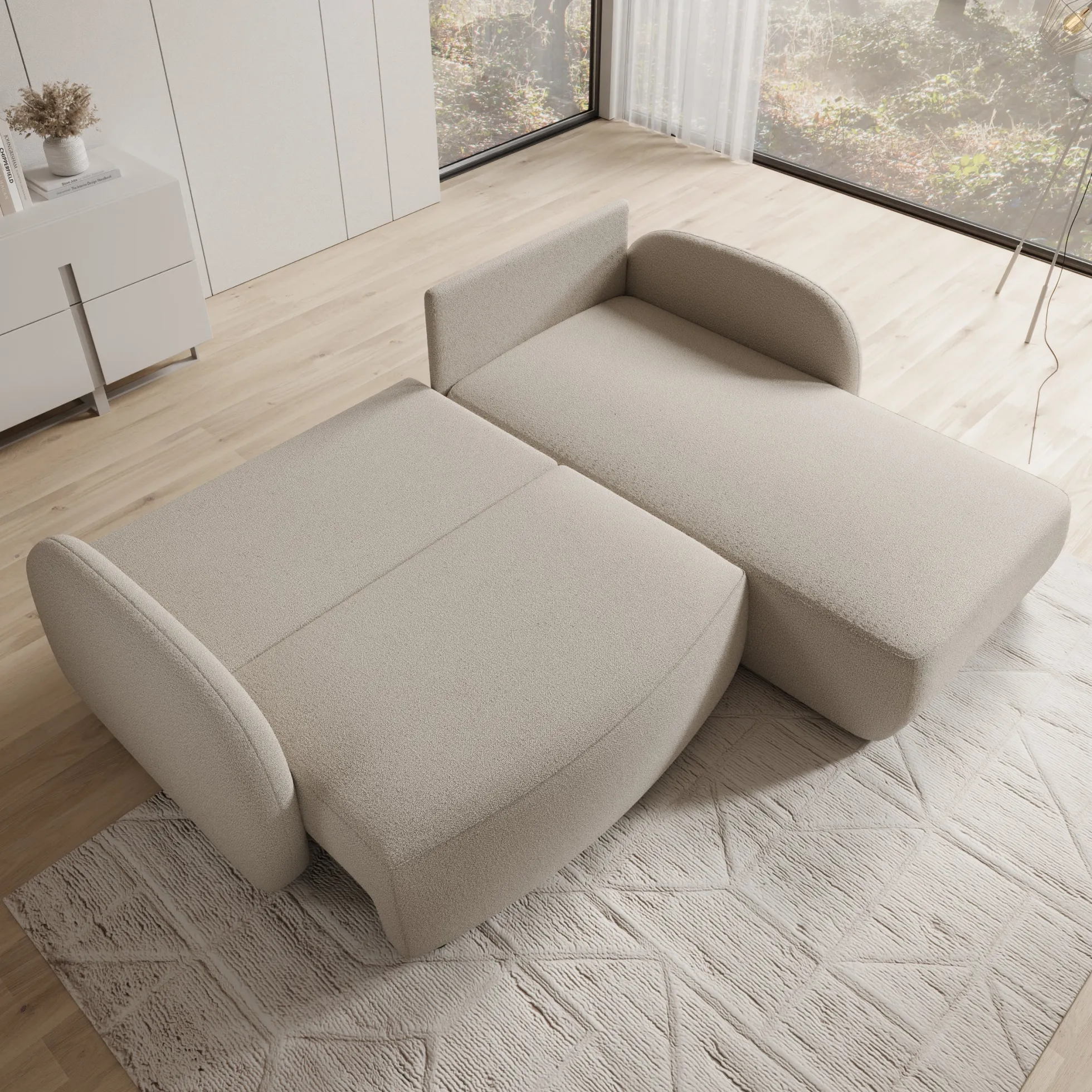 Ometa - Hoekbank 3-zits met slaapfunctie - Teddystof beige