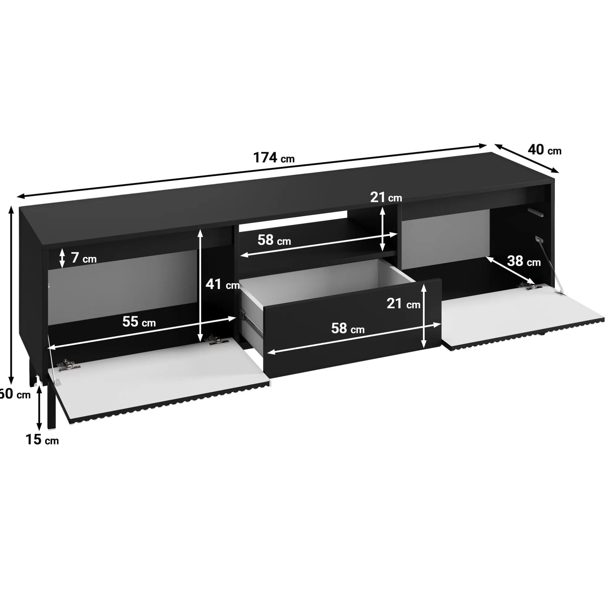 Orvana 2 - TV-Meubel met 2 deuren - Zwart - 174x40x60 cm