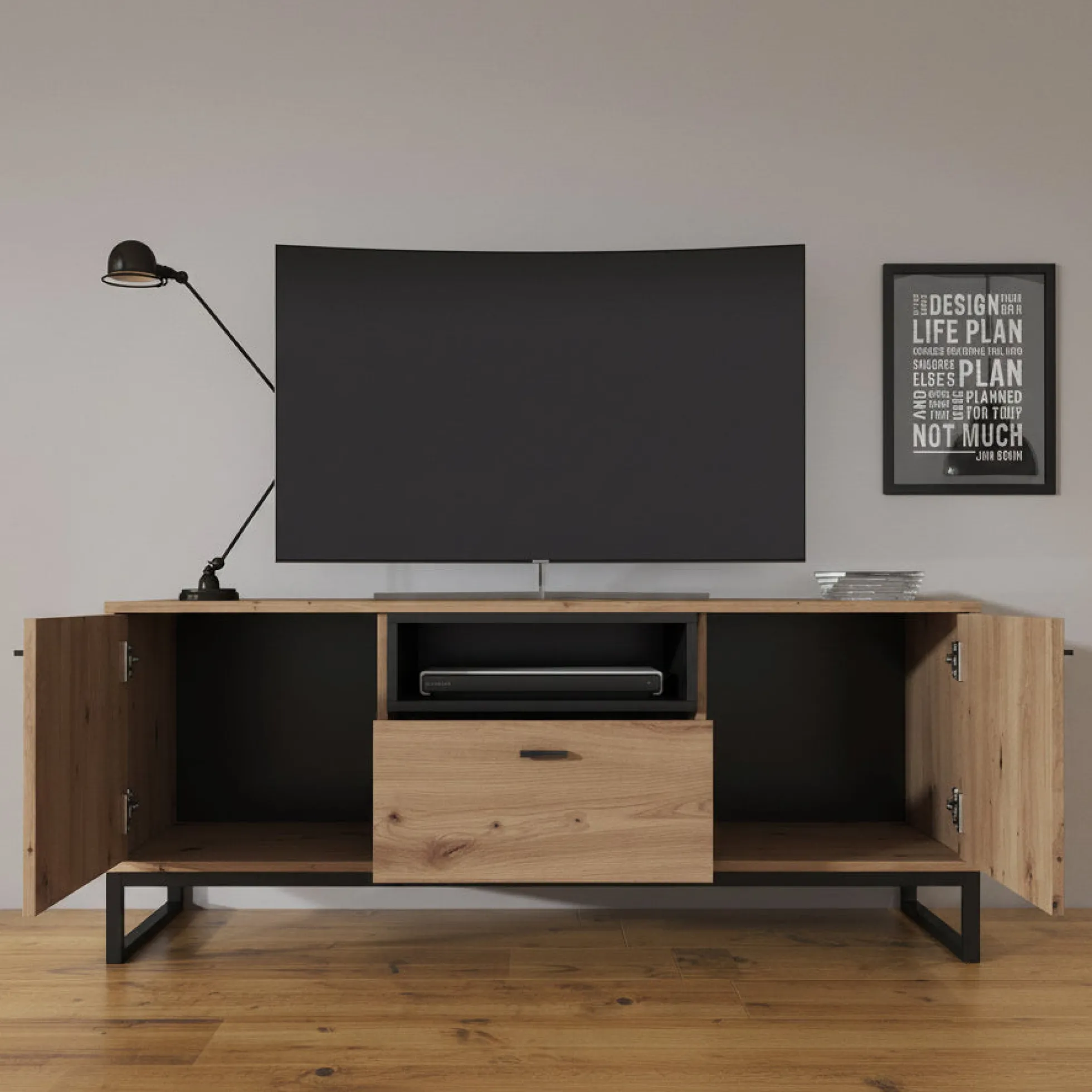 Ozzy - TV-Meubel met 2 deuren - Eiken/zwart - 135x40x55cm