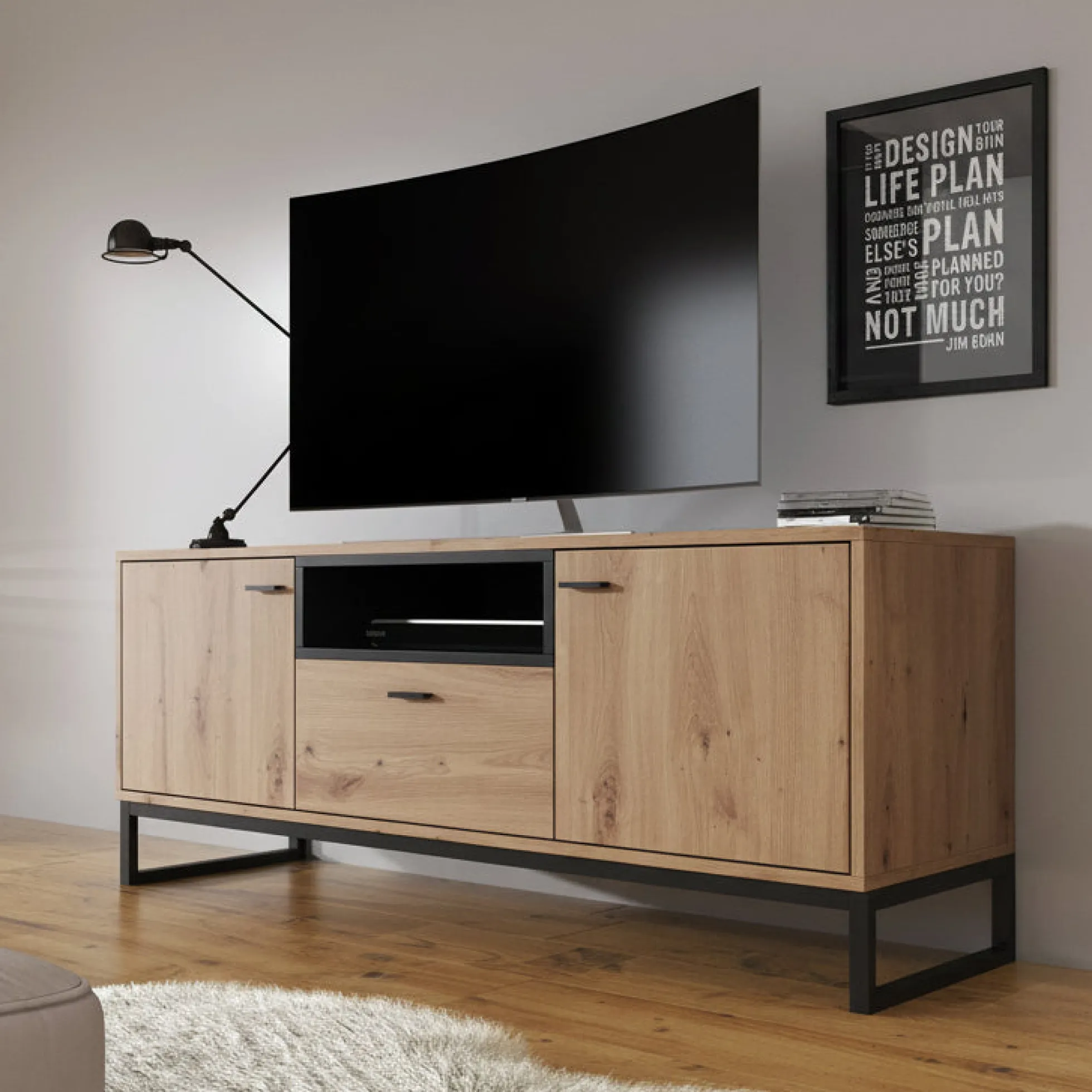 Ozzy - TV-Meubel met 2 deuren - Eiken/zwart - 135x40x55cm