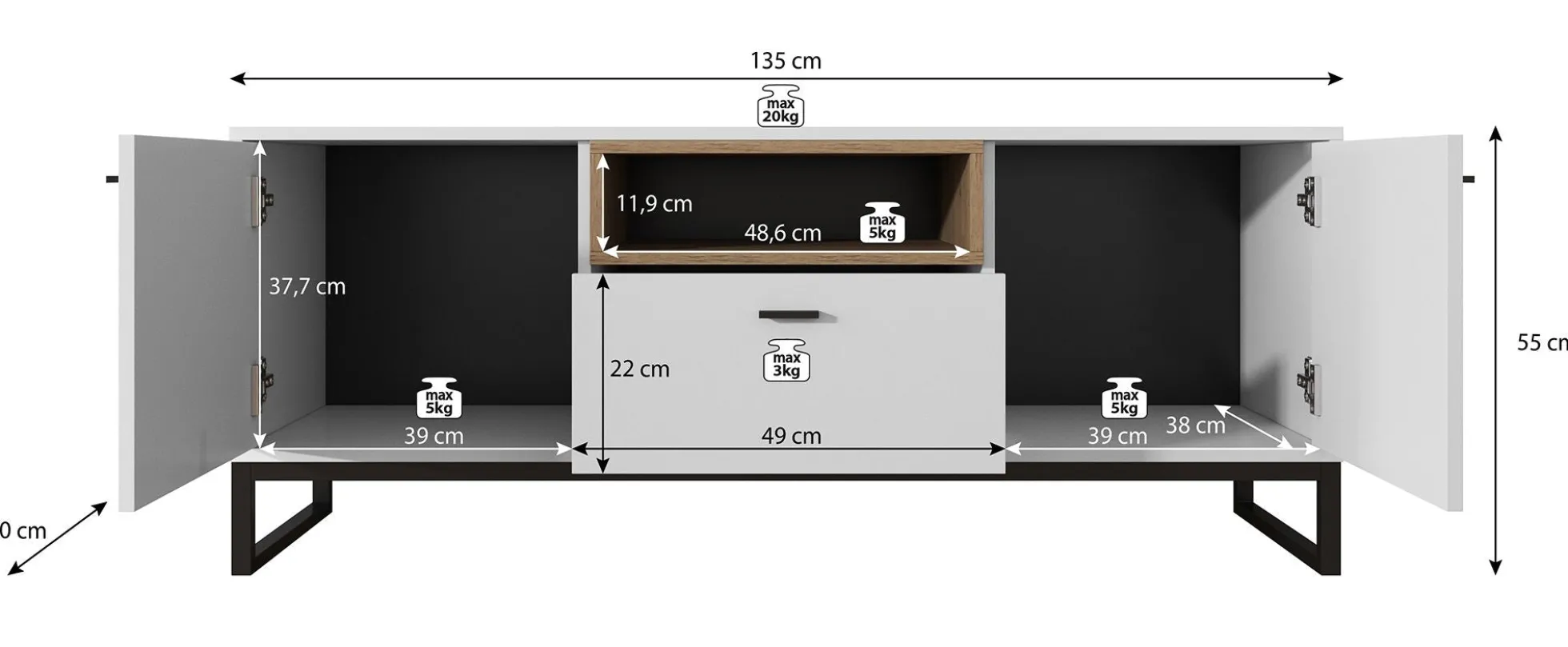 Ozzy - TV-Meubel met 2 deuren - Eiken/zwart - 135x40x55cm