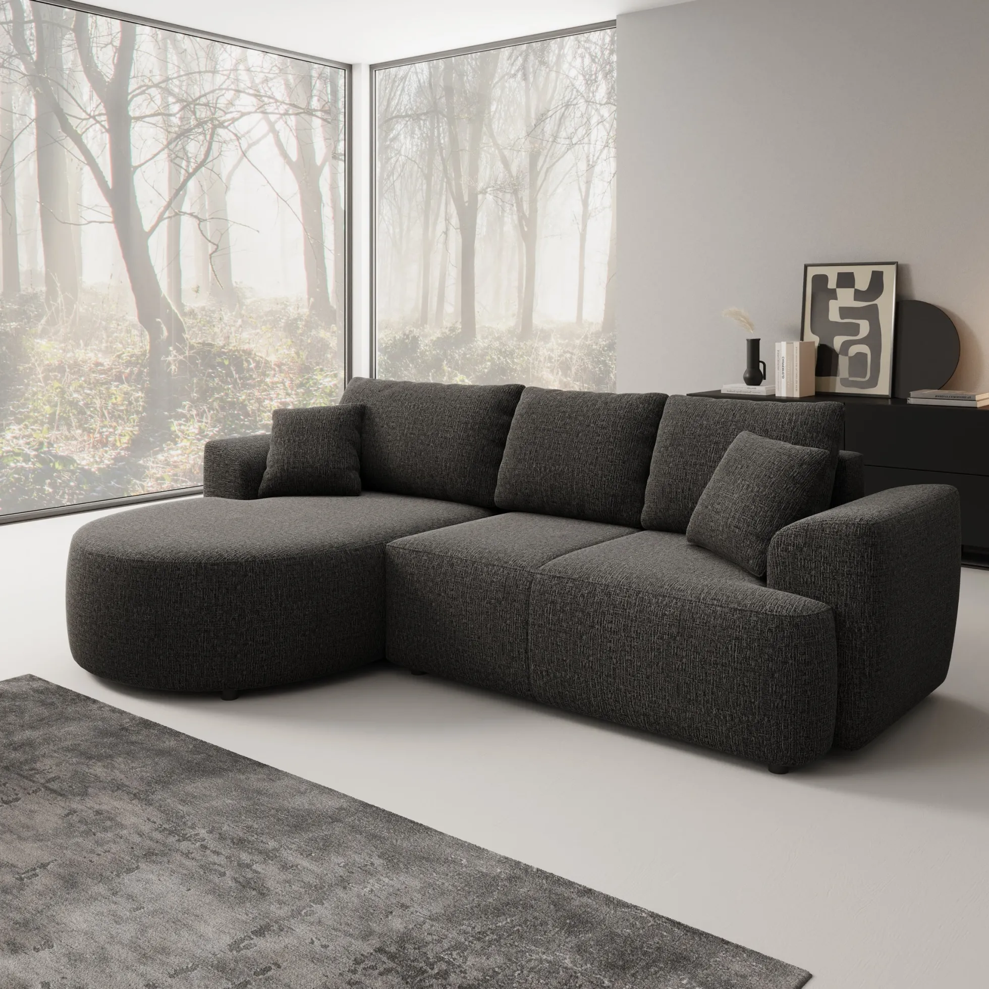 Palladio - Hoekbank 3-zits met chaise longue - Stof zwart - Links