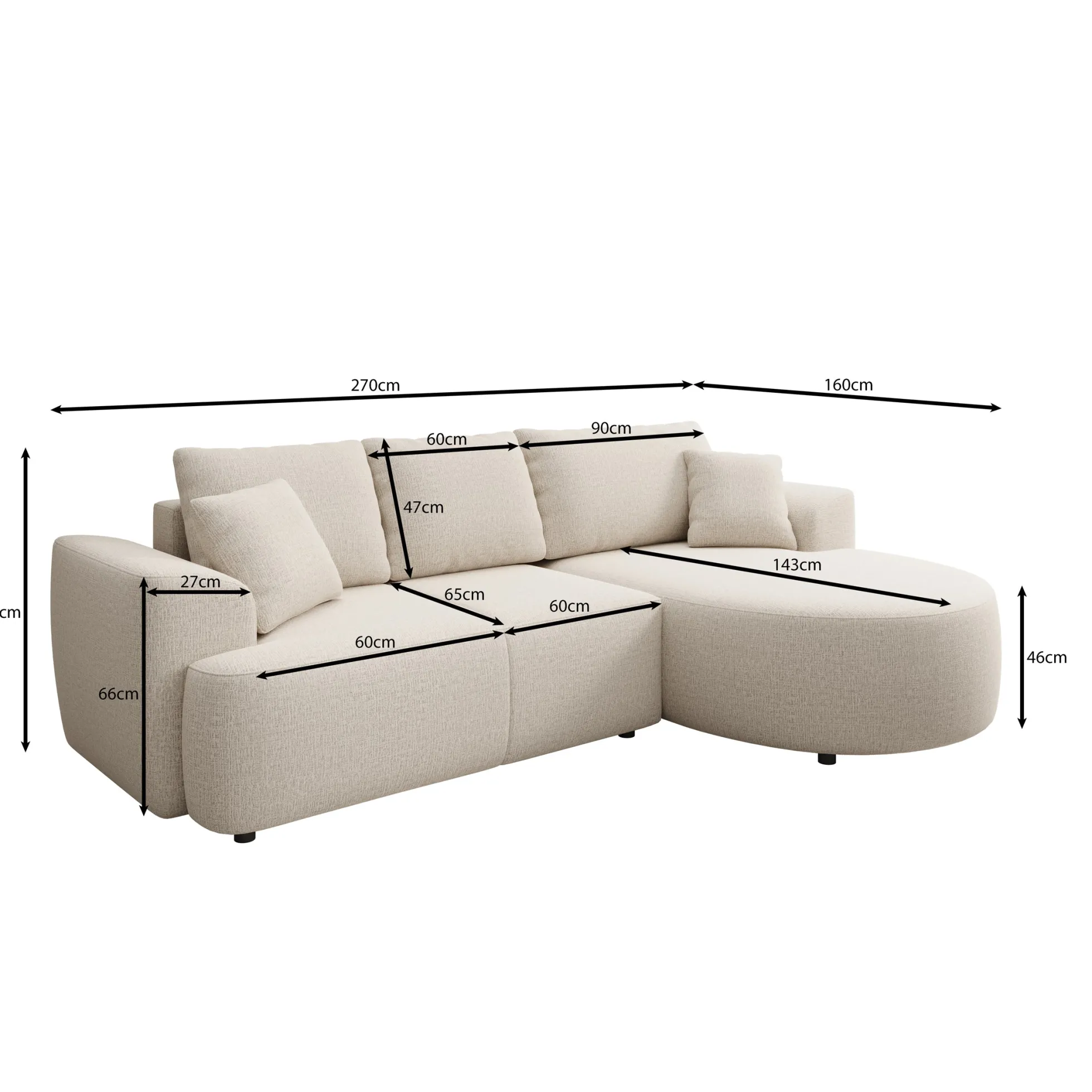 Palladio - Hoekbank 3-zits met chaise longue - Stof zwart - Rechts