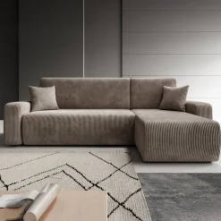 Prudence - Hoekbank 3-zits met chaise longue - Ribstof bruin - Univers