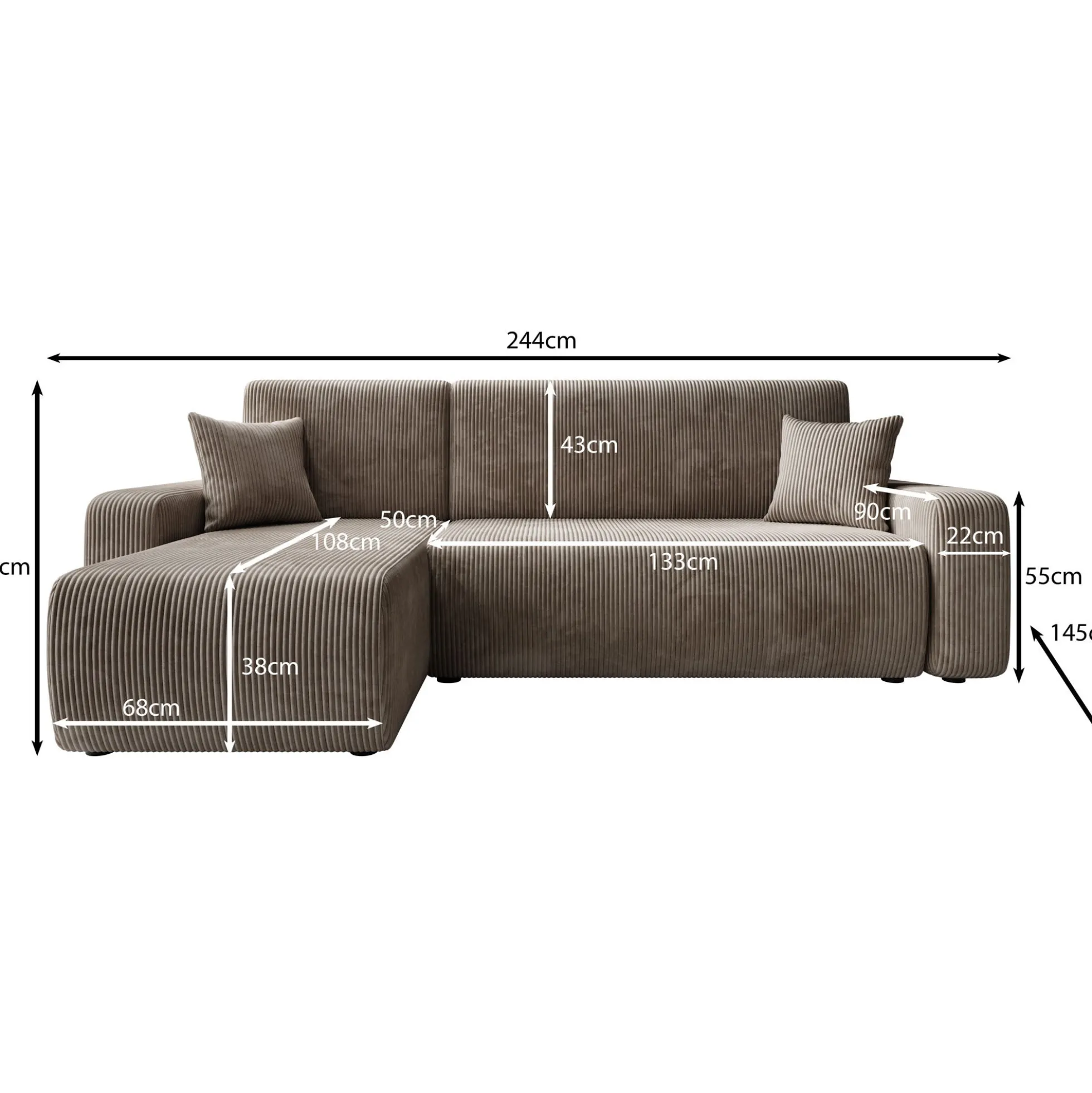 Prudence - Hoekbank 3-zits met chaise longue - Ribstof bruin - Univers