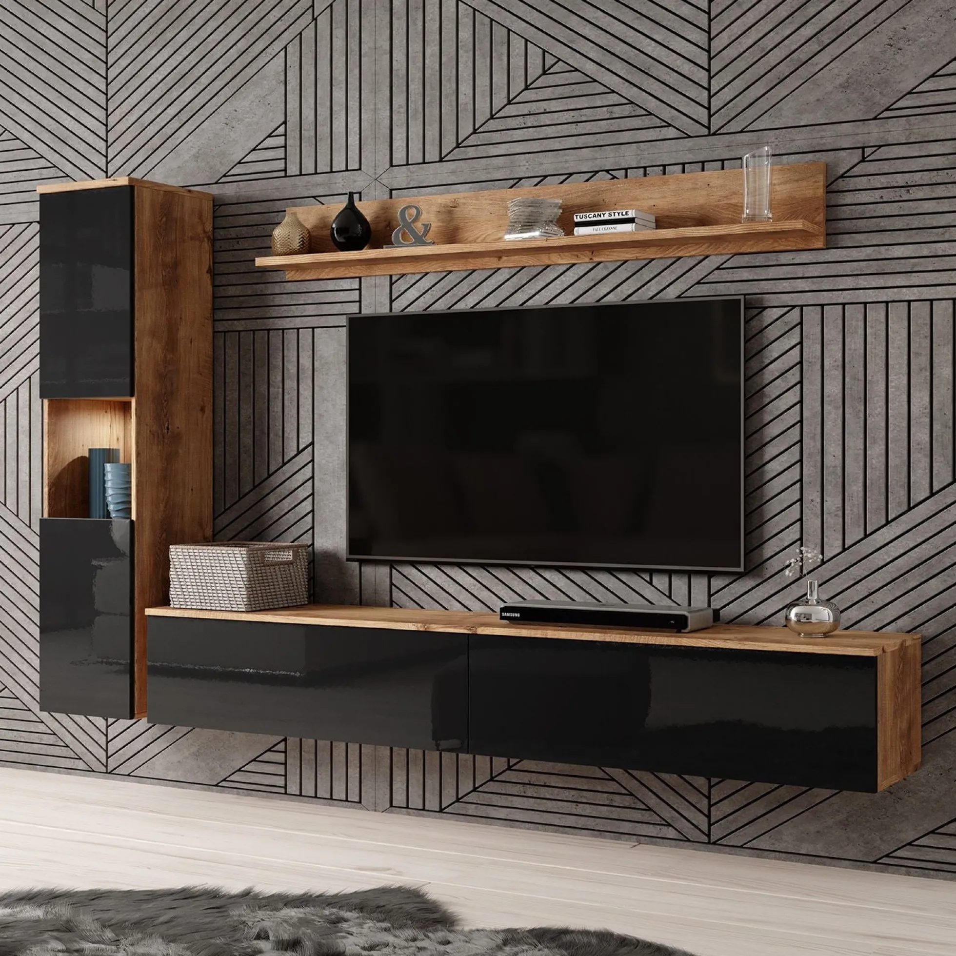 Pure - Wandmeubel - Zwart/donker eiken - 180x33x32 cm