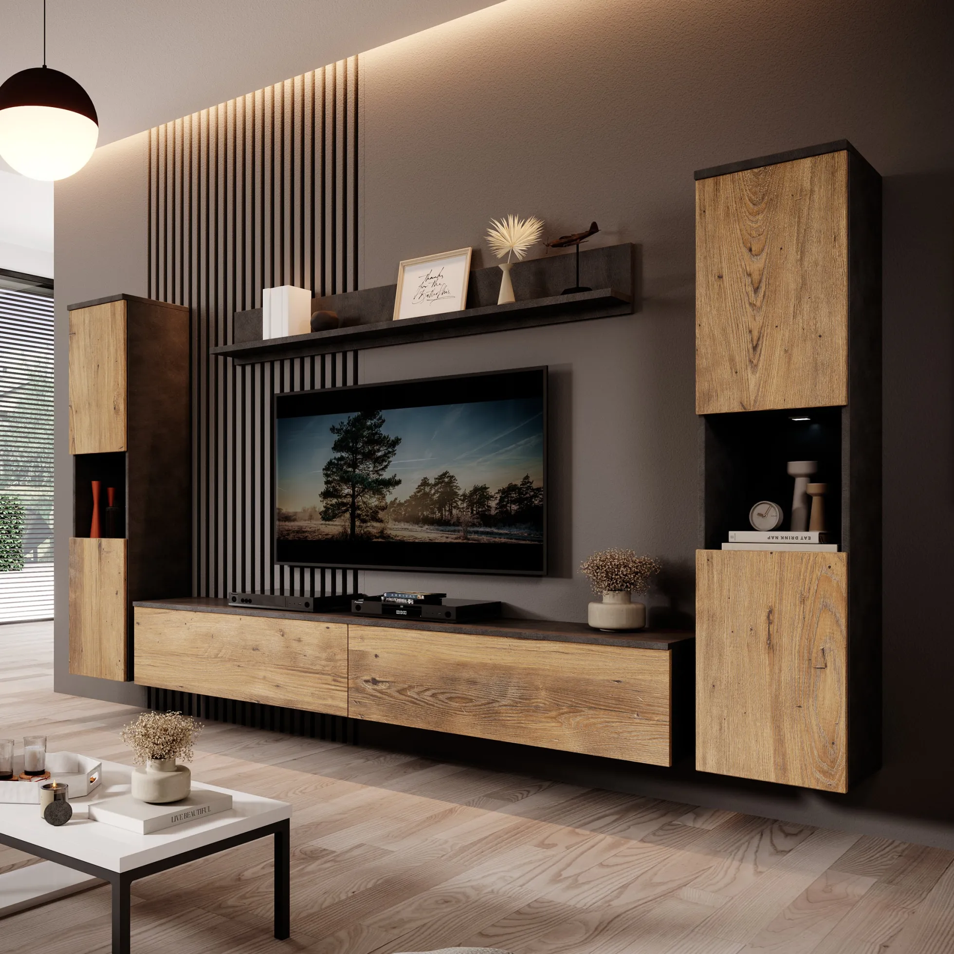 Pure XL - Wandmeubel - Eiken/Grijs - 180x33x130 cm