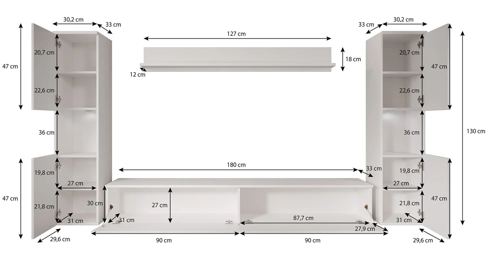 Pure XL - Wandmeubel - Eiken/Grijs - 180x33x130 cm