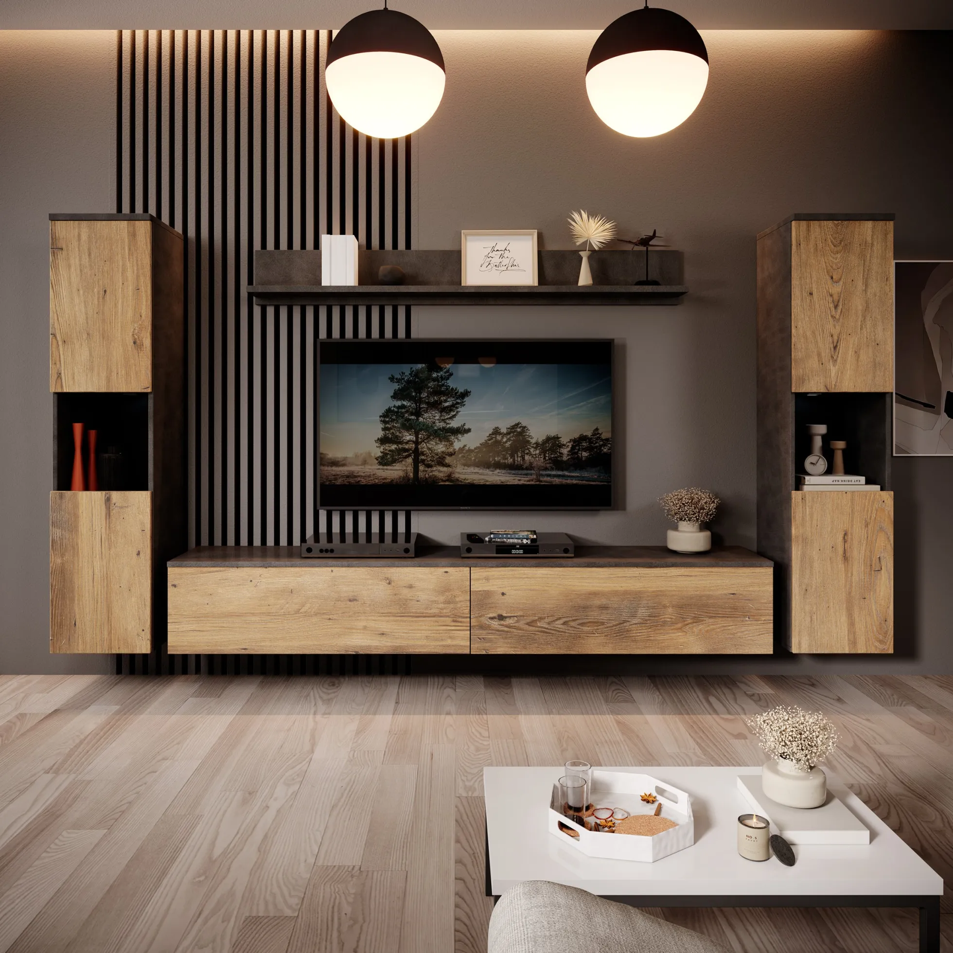 Pure XL - Wandmeubel - Eiken/Grijs - 180x33x130 cm