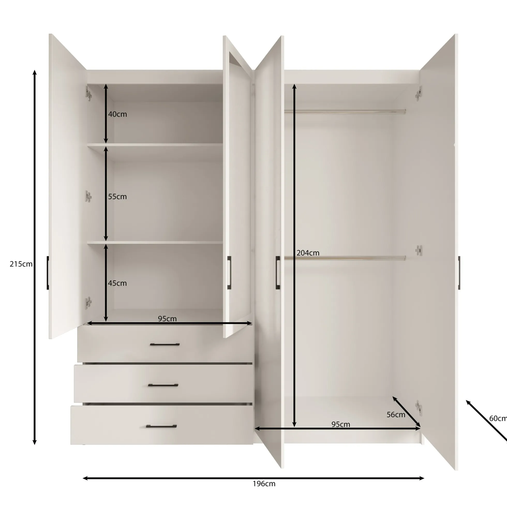 Puro - Kledingkast met 4 deuren - Wit - 196x60x215 cm
