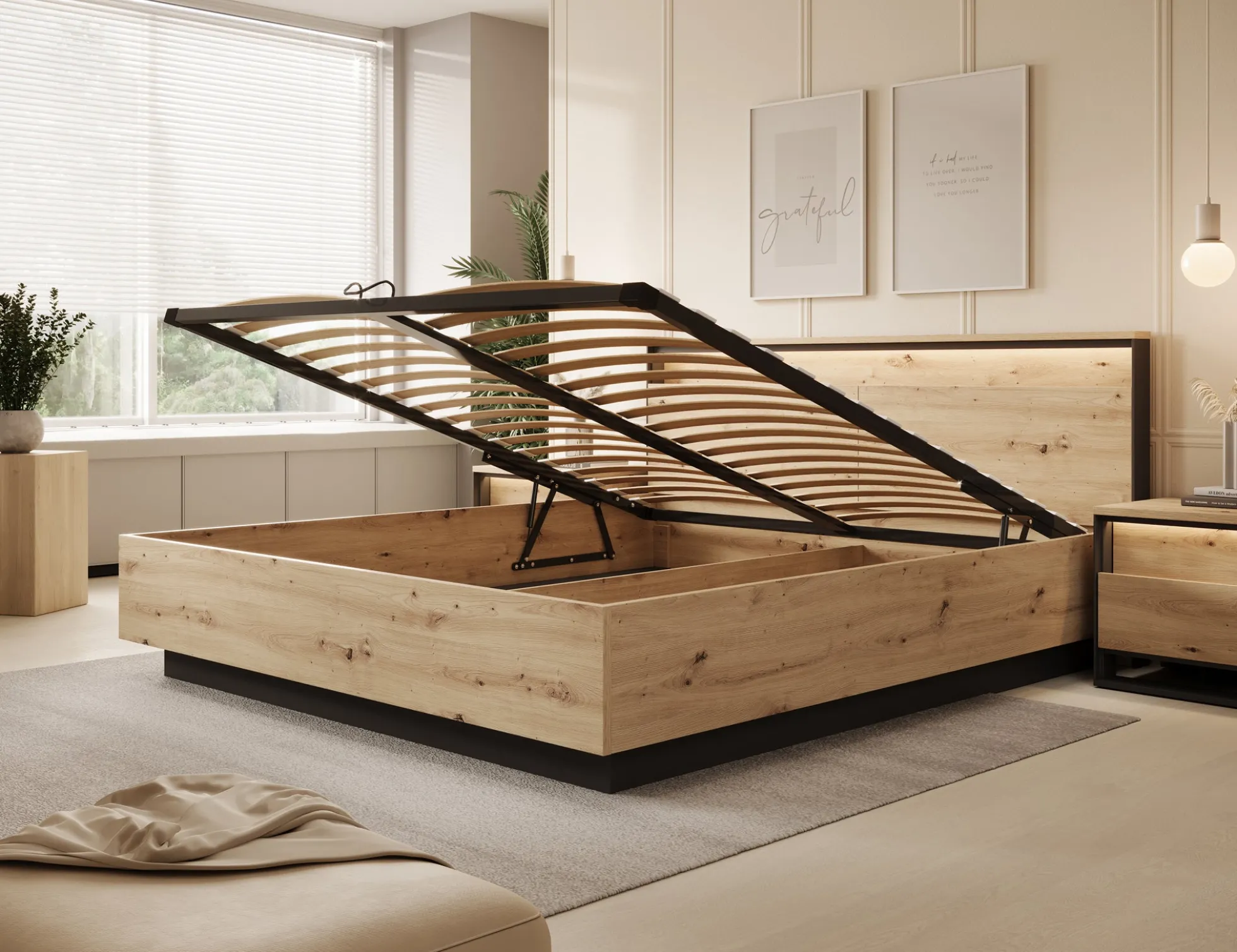 Quarry - Tweepersoonsbed met opbergruimte - Eiken - 180x200 cm