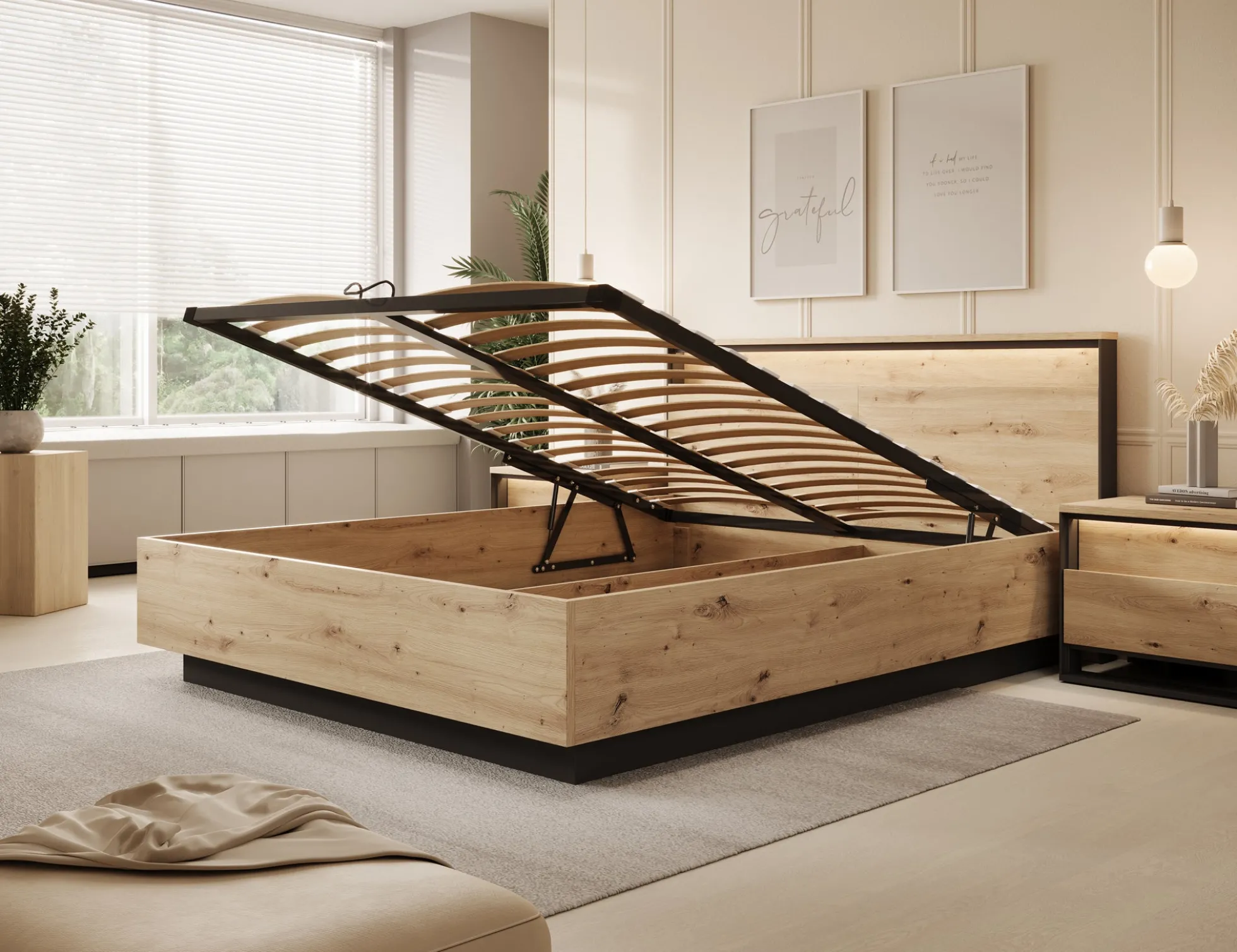 Quarry - Tweepersoonsbed met opbergruimte - Eiken - 160x200 cm
