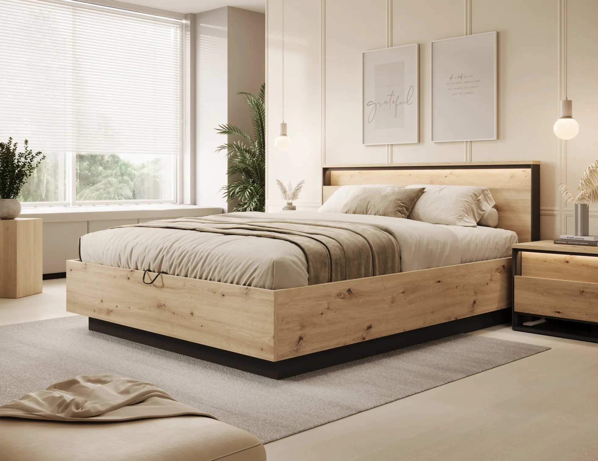Quarry - Tweepersoonsbed met opbergruimte - Eiken - 160x200 cm