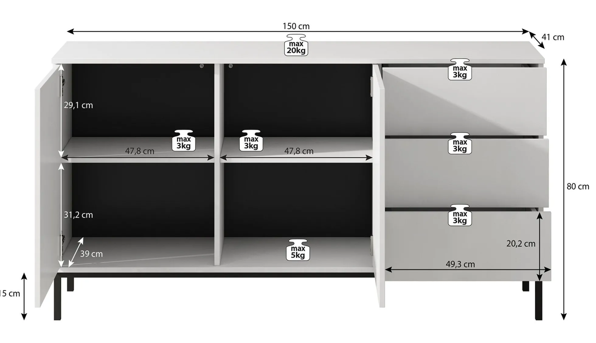 Queen - Dressoir - Zwart - 150x41x80 cm